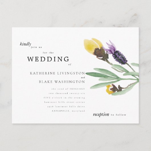 Gele en lavender Floral Budget Weddenschap Uitnodiging Briefkaart (Voorkant)