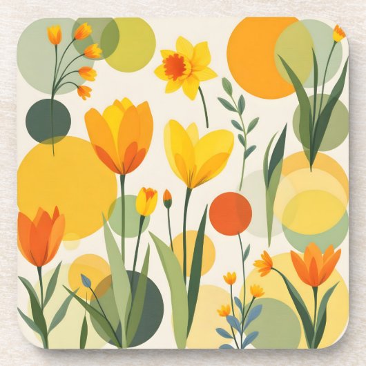 Gele en Oranje Abstracte lentebloemen Bier Onderzetter (Voorkant)