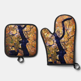 Gele en oranje bladeren ovenwant & pannenlap set