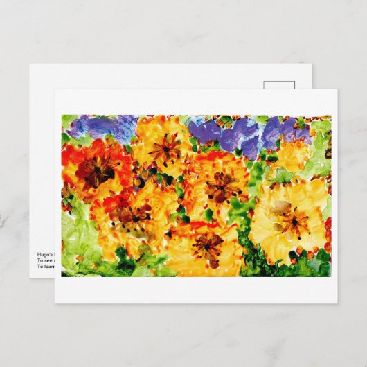 Gele en oranje bloemen met paarse lucht briefkaart (Voorkant / Achterkant)