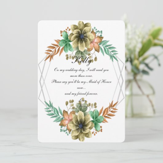 Gele en Oranje Waterverf Floral Maid of Honor Kaart (Staand voorkant)