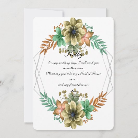 Gele en Oranje Waterverf Floral Maid of Honor Kaart (Voorkant)