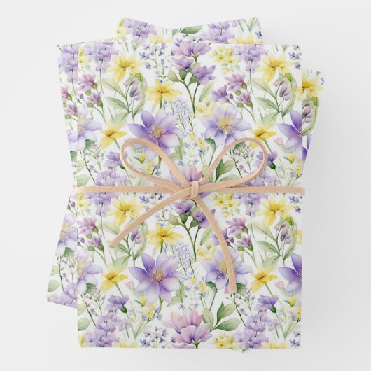 Gele en paarse bloemen Botanische Print Inpakpapier Vel (In situ)