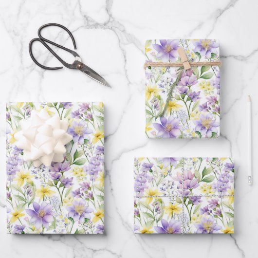 Gele en paarse bloemen Botanische Print Inpakpapier Vel (Voorkant)