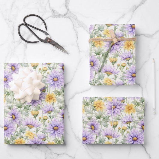 Gele en Paarse Daisy-achtige Bloemen Print Inpakpapier Vel (Voorkant)