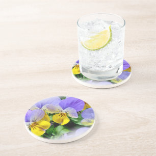 Gele en Paarse Pansies Zandsteen Onderzetter