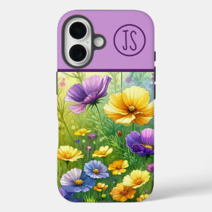 Gele en Paarse Wildflowers Monogrammed iPhone 16 Hoesje
