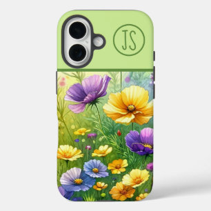 Gele en Paarse Wildflowers Monogrammed iPhone 16 Hoesje