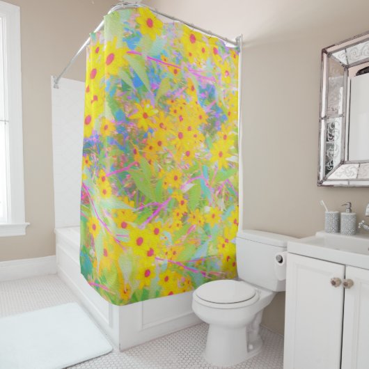  Gele en Rode Bloemen met Turquoise Douchegordijn (In situ)