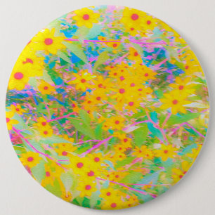  Gele en Rode Bloemen met Turquoise Ronde Button 6,0 Cm