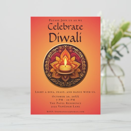 Gele en Rode Diya Diwali Uitnodiging voor viering (Staand voorkant)