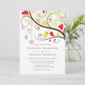 Gele en rode grillige lovebirds bruiloft kaart (Staand voorkant)