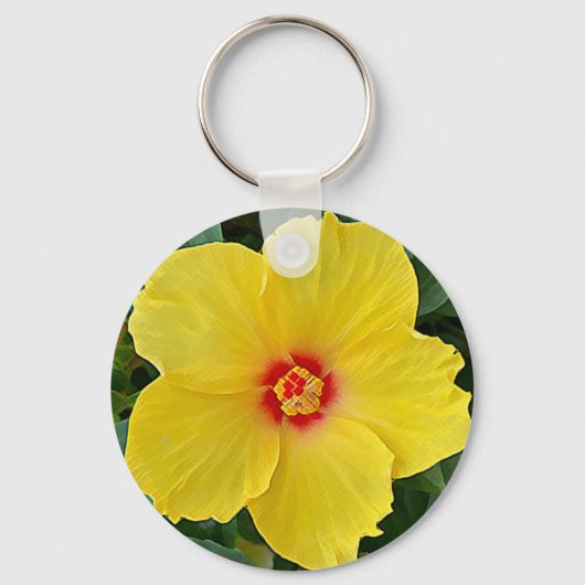 Gele en rode Hibiscus ronde Sleutelhanger (Voorkant)
