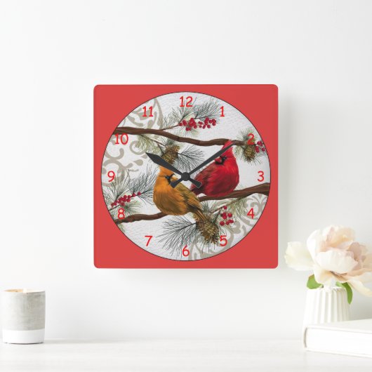 Gele en rode kardinalen vierkante klok (Huis)