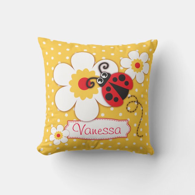 Gele en rode meisjes ladybug noemen polka dot pill kussen (Voorkant)