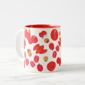 Gele en Rode Tomaat Gekleurde Potloodtekening Tweekleurige Koffiemok (Voorkant links)