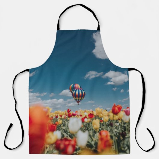 Gele en rode tulpbloemen onder heteluchtballon schort (Voorkant)