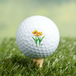 Gele en rode tulpen met tekst golfballen