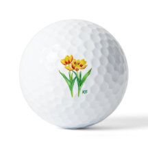 Gele en rode tulpen met tekst golfballen