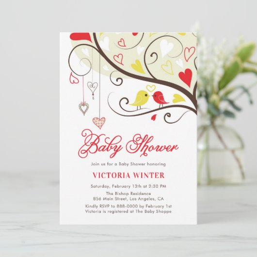 Gele en rode vogels en hartsnaren Baby shower Kaart (Staand voorkant)
