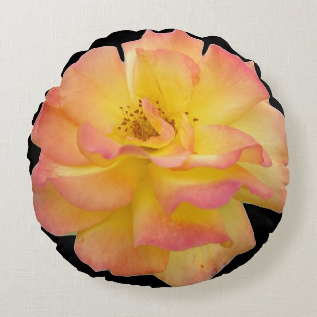Gele en roze bloeiende roos ronde kussen (Voorkant)