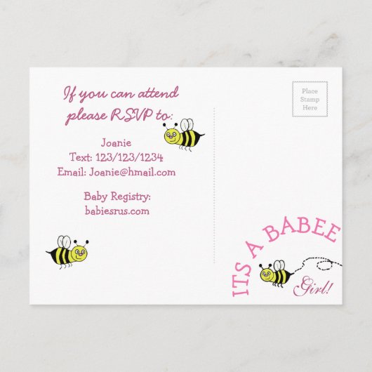 Gele en Roze Bumblebee Baby shower Uitnodiging (Achterkant)