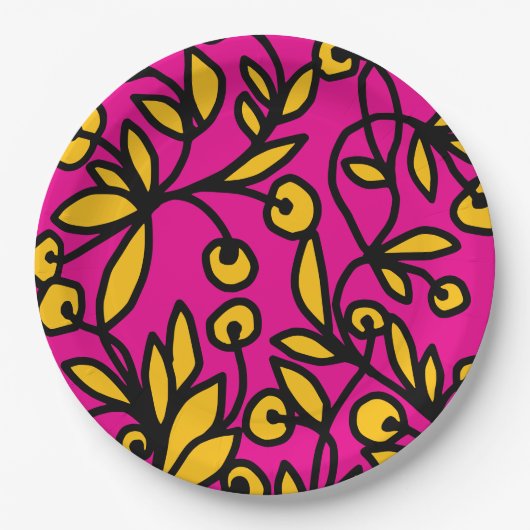 Gele en roze doodle papieren bordje (Voorkant)