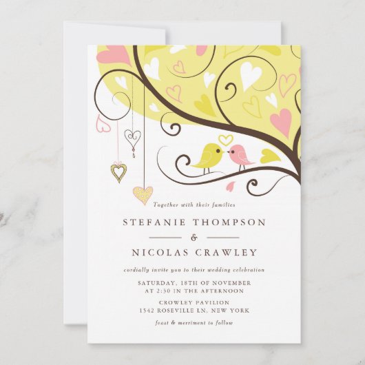 Gele en roze grillige lovebirds bruiloft kaart (Voorkant)