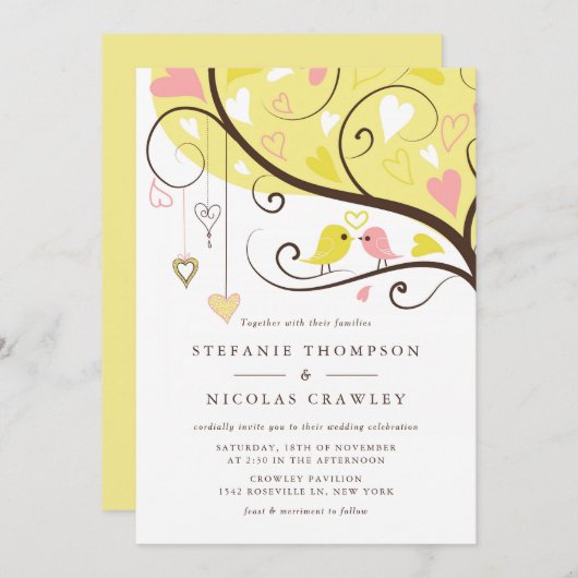 Gele en roze grillige lovebirds bruiloft kaart (Voorkant / Achterkant)