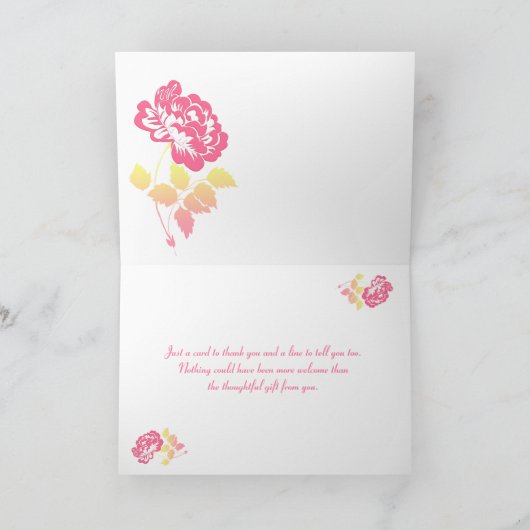 Gele en roze pioen op witte dankkaart bedankkaart (Binnen)