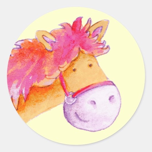Gele en roze pony-sticker voor meisjes ronde sticker (Voorkant)