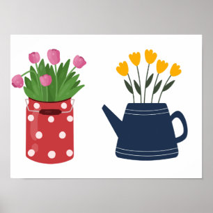 Gele en roze tulpen in twee vazen poster