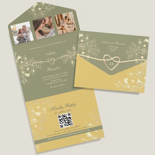 Gele en Sage Green bruiloft All In One Uitnodiging