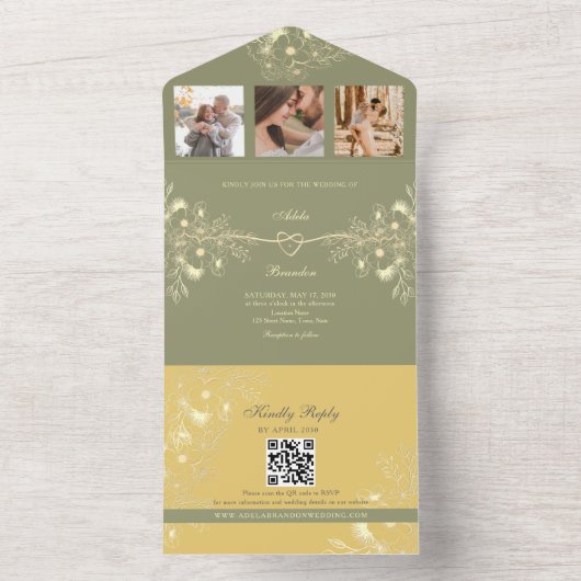 Gele en Sage Green bruiloft All In One Uitnodiging (Binnen)