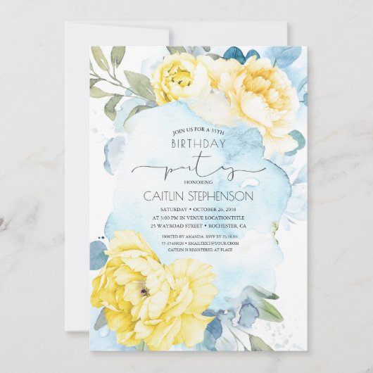 Gele en Stoffige Blauwe Bloemen Verjaardag Kaart (Voorkant)