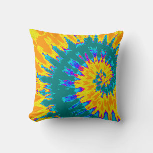 Gele en turquoise spiraal tie-dye kussen