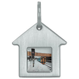 Gele en turquoise trein huisdieren naamplaatje