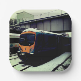 Gele en turquoise trein papieren bordje