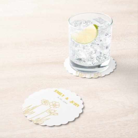 Gele en witte bloemen bruiloft kartonnen onderzetters (Insitu)