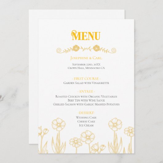Gele en witte bloemen bruiloft menu (Voorkant / Achterkant)