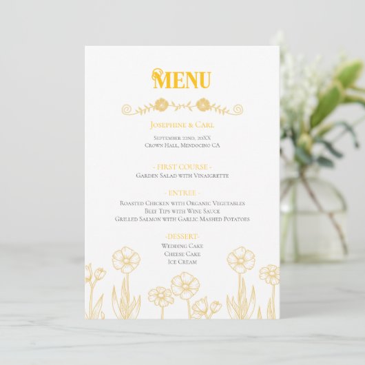 Gele en witte bloemen bruiloft menu (Staand voorkant)