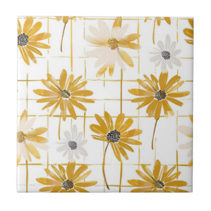 Gele en witte bloemen - Distressed Golden Plaid Tegeltje