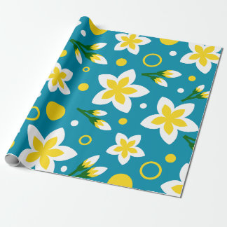 Gele en Witte Bloemen op een Blauwe Achtergrond Cadeaupapier