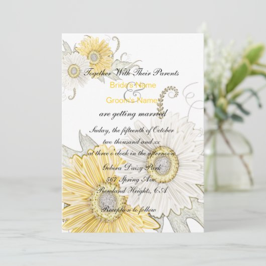 Gele en witte bruine Daisy Swirl Wedding Invites Kaart (Staand voorkant)