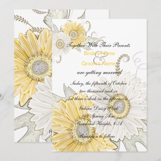 Gele en witte bruine Daisy Swirl Wedding Invites Kaart (Voorkant / Achterkant)