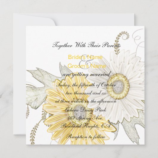 Gele en witte bruine Daisy Swirl Wedding Invites Kaart (Voorkant)