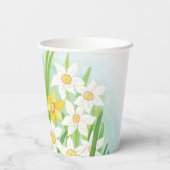 Gele en witte deffodis in de kopjes van voorjaarsp papieren bekers (Achterkant)