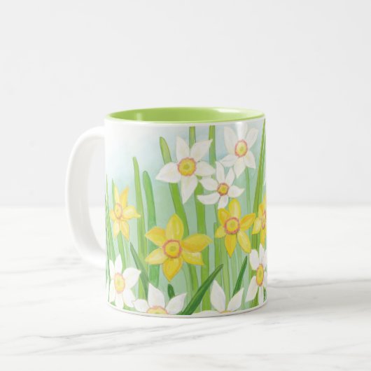 Gele en witte deviezen in de lente tweekleurige koffiemok (Voorkant links)