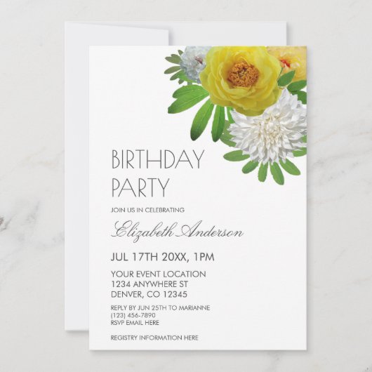 Gele en witte Floral Birthday Party Kaart (Voorkant)