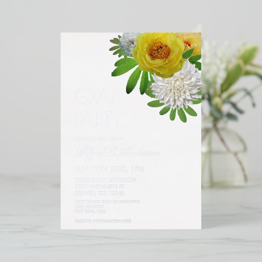 Gele en witte Floral Gradual Partij Folie Uitnodiging (Staand Voorkant)